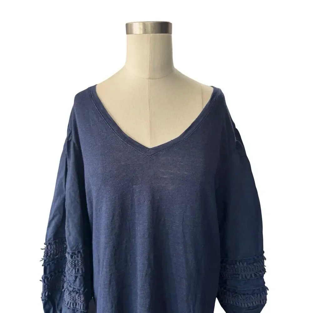 Chicos Navy Blue Linen Shirt Tunic Slub Knit Pom 3/4 Sleeve Size 3 XL